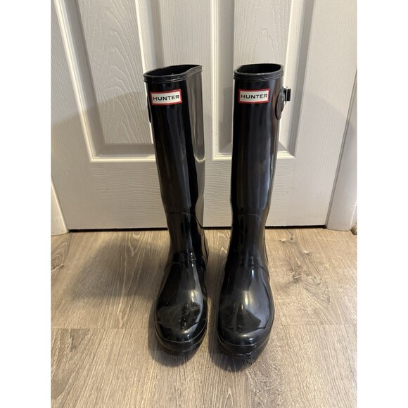 Hunter Boots Women’s 11 Black Org Tall Gloss Rain Glossy Snow Boot Mens 10 - Picture 1 of 6